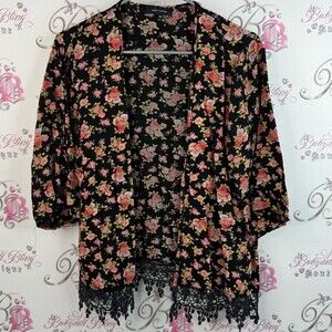 New Look cardigan open front lace crochet hem detail Black Floral Kimono Top